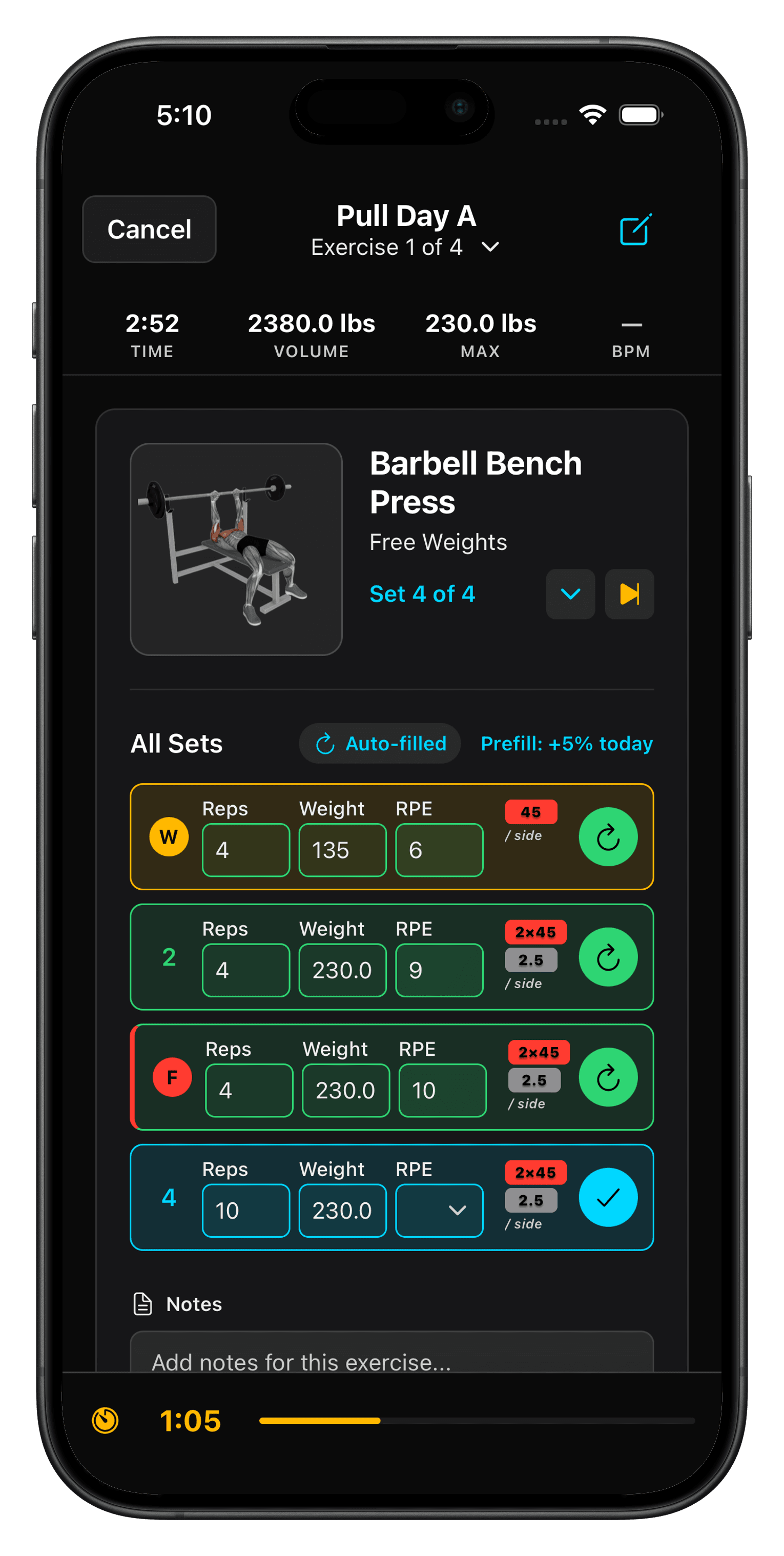 Hammr Fitness workout logging screen
